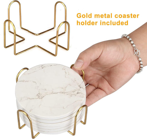 6 Pack Set White Marble Coaster with Holder Absorbent Drink Coasters Ceramic Cute Coaster Bar Dining Coffee Table