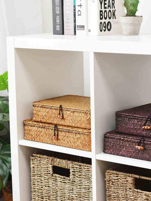 Set 2 DOKOT Flat Seagrass Storage Bins with Lid, Wicker Basket for Shelf Organize, of (Small+Large)