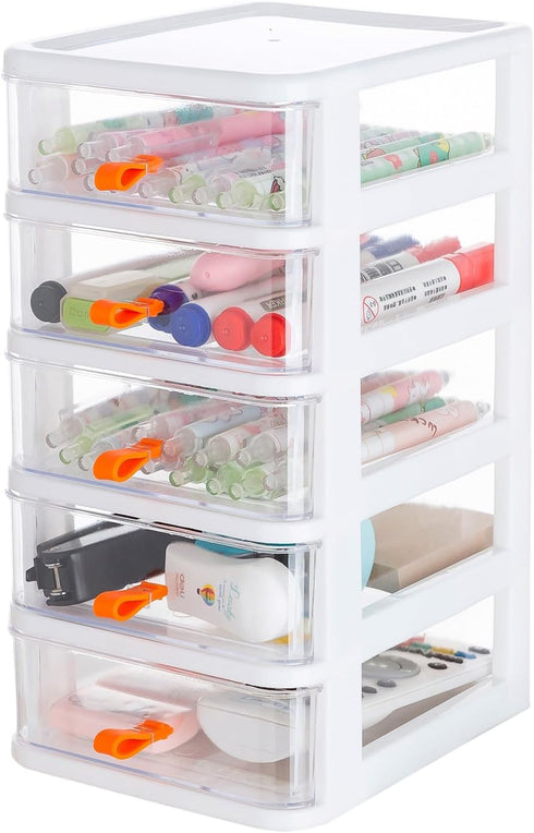 Gagee 5 Drawer Mini Stackable Storage Drawers - Clear/White Plastic Dressers for Arts, Crafts, Small Tools, and Hardware