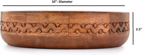 Mango Wood Decorative Round Carved Bowl, Centerpiece Bowl for Table (10" x 10" x 2.5")