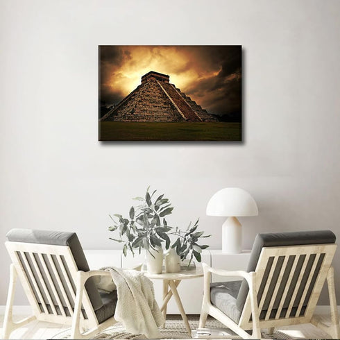 Mayan Chichen Itza Wall Art, Pyramid of Kukulcan El Castillo Sunset Painting, 16" Wx24" H Canvas Print