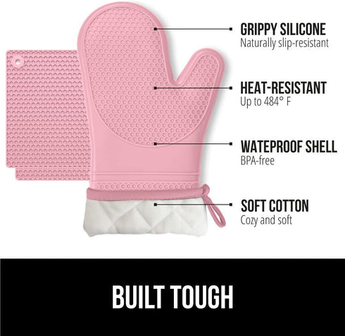 Gorilla Grip Heat and Slip Resistant 4 Piece Silicone Oven Mitt and Trivets Set, Waterproof, Cotton Lined, Pink