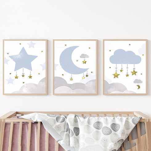 LUHDFYS Cartoon Moon and Stars Canvas Wall Art Print,Scandinavian Style Nursery Decor Poster,Blue Moon and Stars Wall