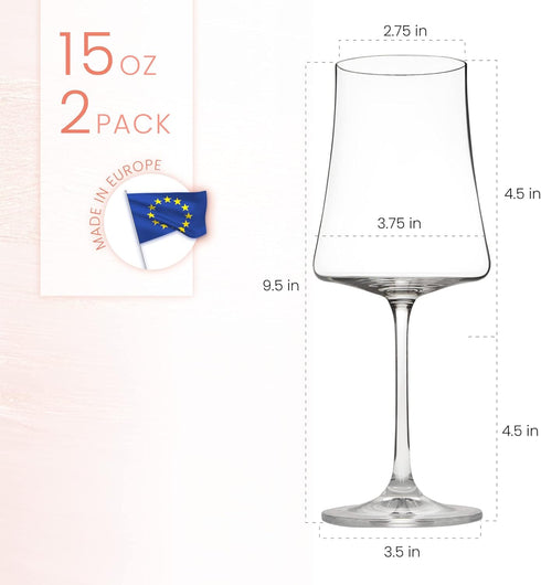 BENETI Exquisite Wine Glasses Set of 2, Handmade in Europe, 15oz Premium Crystal Red & White Long Stem Glasses