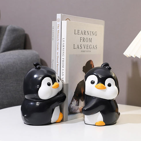 Cute Hug Penguins Decorative Bookends, Unique Animal Book Ends to Hold Books Creative Resin Book Holder Stopper