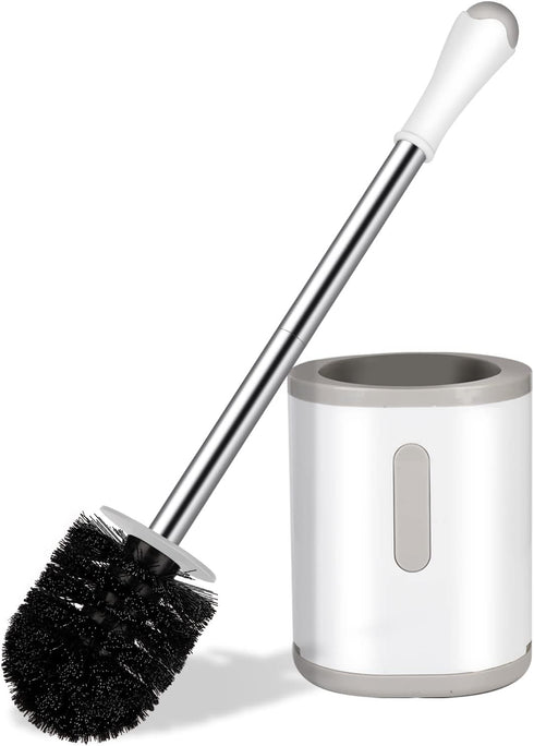 Compact Toilet Brush & Holder, White & Grey, Stainless Steel Handle, Deep Cleaning, Drip-Proof, Easy to Assemble