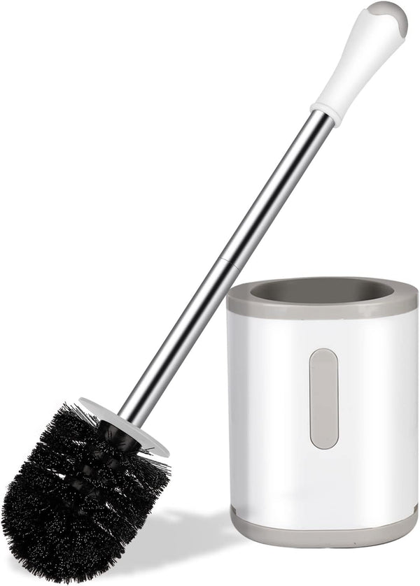 Compact Toilet Brush & Holder, White & Grey, Stainless Steel Handle, Deep Cleaning, Drip-Proof, Easy to Assemble