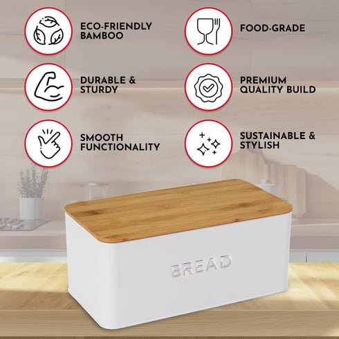 Countertop Culinary Couture White Bread Box for Kitchen with Bamboo Lid - Large BreadBox for Homemade Bread - Storage