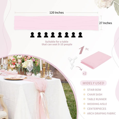 Chiffon Table Runner 27x120 Inches Pink Rustic Sheer Fabric for Wedding, Baby Shower, Birthday Party Decoration