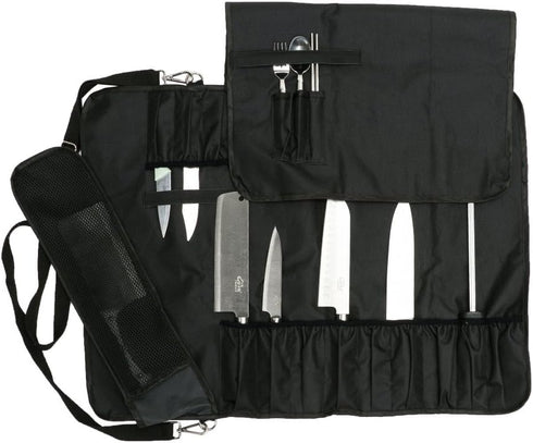 HERSENT Knife Roll, Chef Knife Roll Bag With 17 Slots Can Holds13 Knives,1 Meat Cleaver, And 3 Utensil Pockets,Durable Knife Case With Handle, Shoulder Strap & Zippered Mesh Pocket Holder