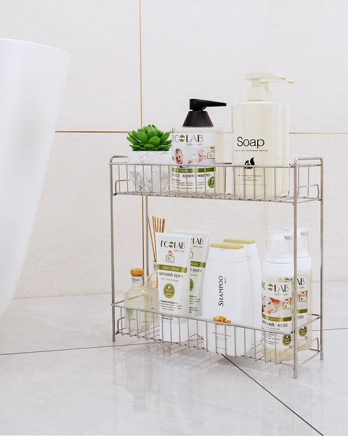 2-Tier Counter YQh Bathroom Storage Organizer Rack, Stainless Steel Shower Caddy, and Vanity Shelf