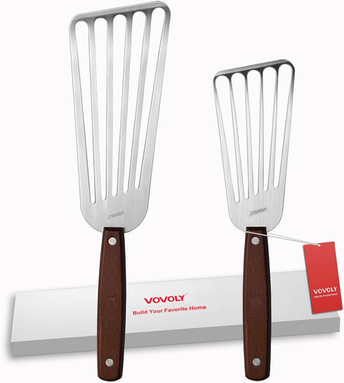 2 Pack Fish Spatula Turner - Stainless Steel Slotted Spatulas for Flipping & Grilling, Wooden Handle