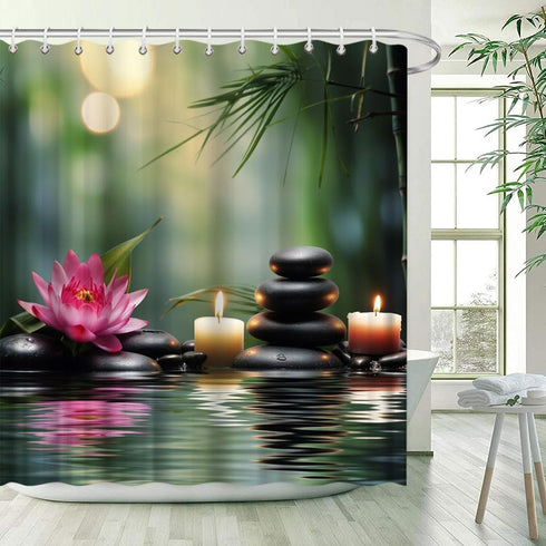 Zen Shower Curtain Asian Lotus Bamboo Zen Stone Floral Water Ripple Spa Relaxation Elegant Plant Wildflower Rustic Bathroom Decor Curtains 70x70 inch with Hook by JONSEQIN