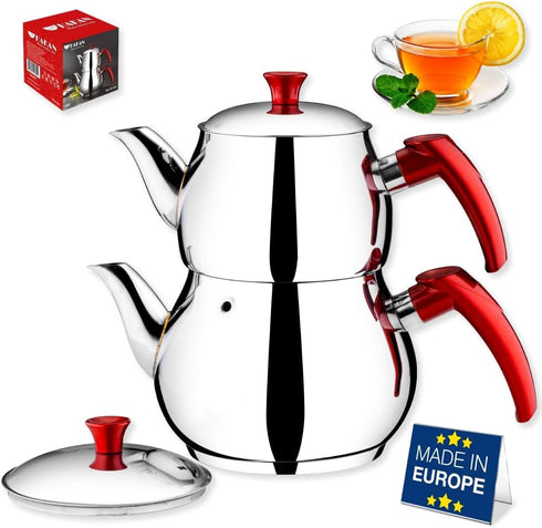 Hakan Teapot Set with Self Strainer Double Lids, Stainless Steel Mini Double