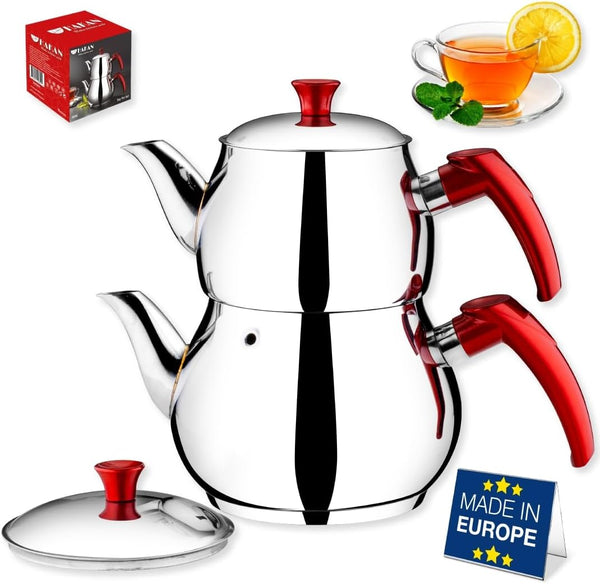 Hakan Teapot Set with Self Strainer Double Lids, Stainless Steel Mini Double