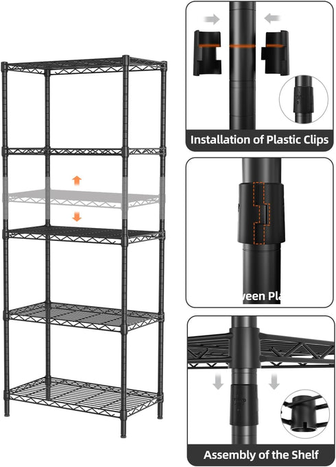 SINGAYE 5 Shelves Wire Shelf Storage Unit, Adjustable Metal Shelves for Laundry Bathroom Kitchen Office (Black)