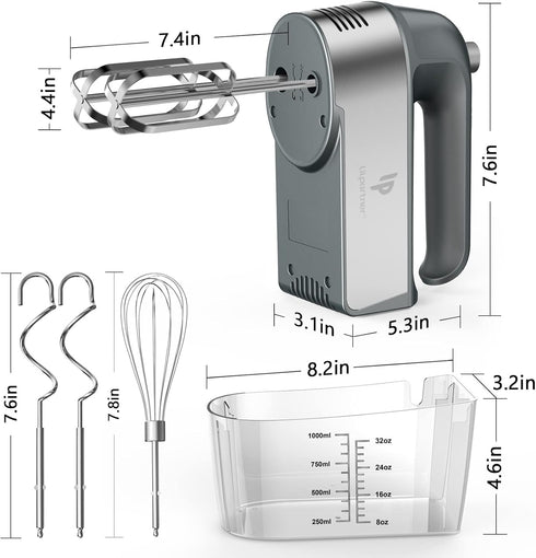 Electric Hand Mixer 450W with Scale Cup Storage Case, Turbo Boost, 5 Speed, Eject Button & 5 Stainless Steel Accessories