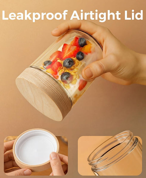 16oz 4 Pack Overnight Oats Containers with Lids, Glass Mason Jars with Ashwood Wood Airtight Lids, Wide Mouth Meal Prep