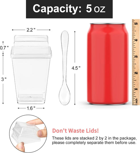 50 Pack 5 oz Qeirudu Dessert Cups with High Lids and Spoons, Mini Plastic Yogurt Parfait Cups Square Party Serving Cup