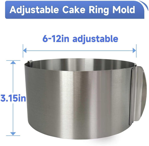 Cake Ring Mold Set, Adjustable Stainless Steel Pastry Ring 6-12 Inch with 4-Inch Cake Collar for Baking, Cake Decorating