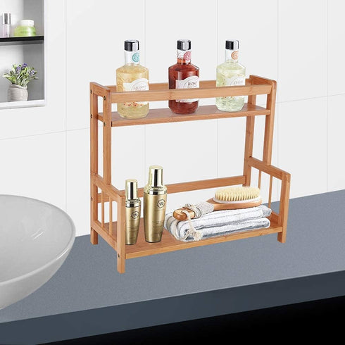 Ufine 2 Tier Bamboo Spice Rack Organizer Kitchen Countertop Storage Shelf Free Standing Holder for Various Bottles,