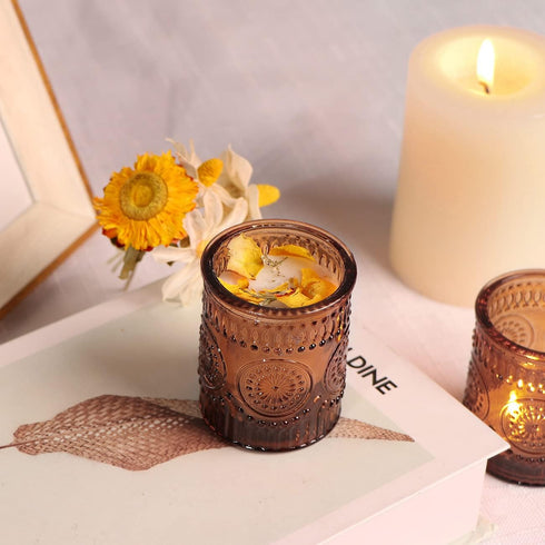 24pcs DEVI Vintage Amber Votive Candle Holders, Amber Glass Tea Lights Candle Holder for Baby Shower, Boho Wedding