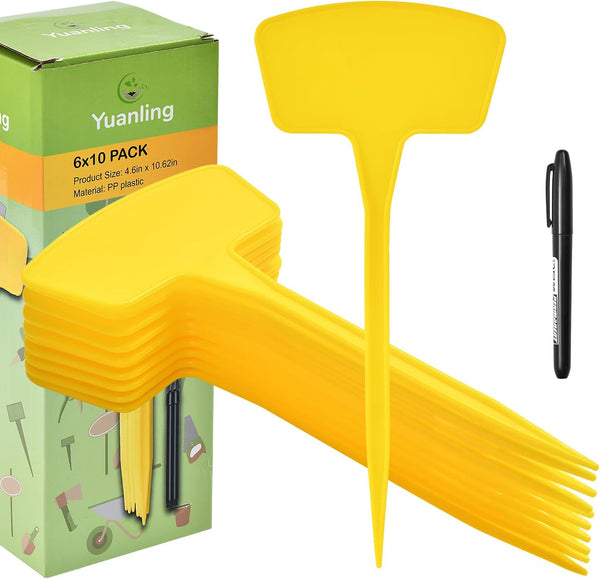 Yuanling 60Pcs Plastic Plant Labels for Seedlings, Large T-Type Waterproof Markers with Marking Pen (Yellow)