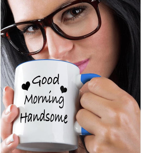 3dRose Good Morning Handsome Two Tone Mug, 11 oz, Blue