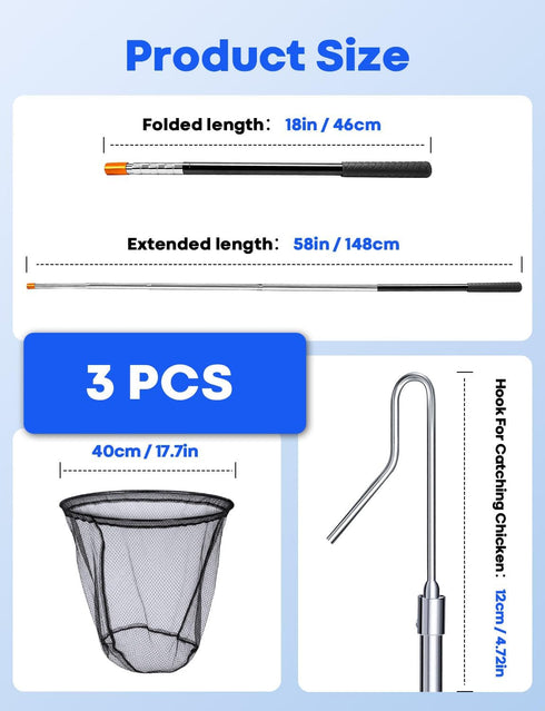SHANWORN 16" 58.5" Stainless Steel Retractable Chicken Catching Net - Extendable to Poultry Net with Leg Hook for Safe