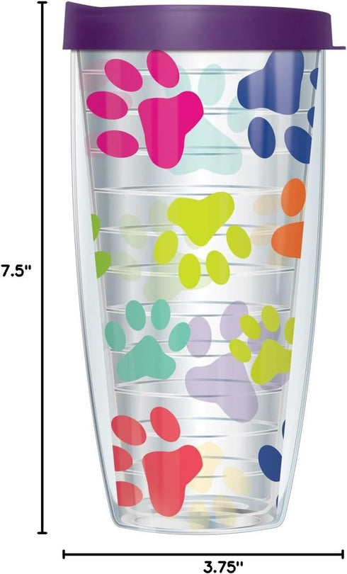 Colorful Paw Prints Tumbler Cup, 22 Oz with Clear Wrap & Eggplant Purple Lid, Thermal Insulated, BPA Free