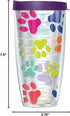 Colorful Paw Prints Tumbler Cup, 22 Oz with Clear Wrap & Eggplant Purple Lid, Thermal Insulated, BPA Free