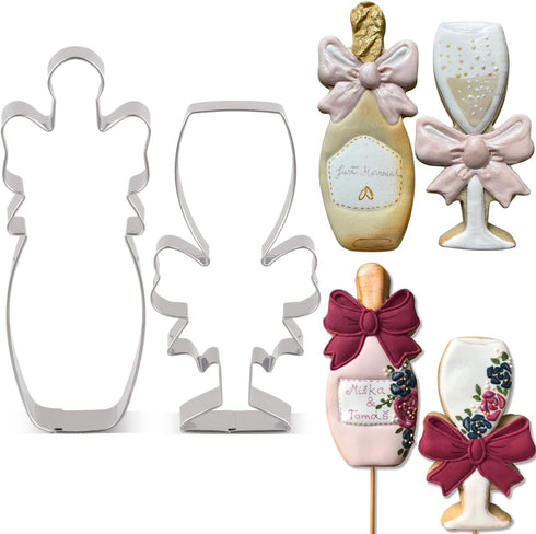 LILIAO Stainless Steel Champagne and Champagne Glass with Ribbon Cookie Cutter for Wedding/Engagement