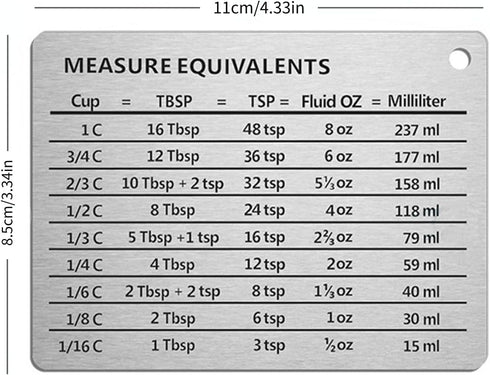 Magnetic Kitchen Baking Conversion Chart, Stainless Steel Refrigerator Magnet for Cups, Tablespoons, Teaspoons, Fluid Oz