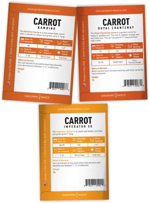 5 Pack 58, Summer, Gardeners Basics, Carrot Seeds for Planting Home Garden - Variety Rainbow, Imperator Scarlet Nantes