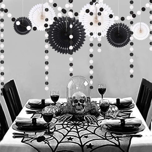 Cheerland Black White Party Decorations, Hanging Paper Fans Garland Kit for Wedding, Halloween