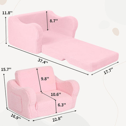 2-in-1 Comfy Toddler Chair, Toddler Couch Fold Out, Convertible Sherpa Sofa to Lounger for Boys & Girls, Pink