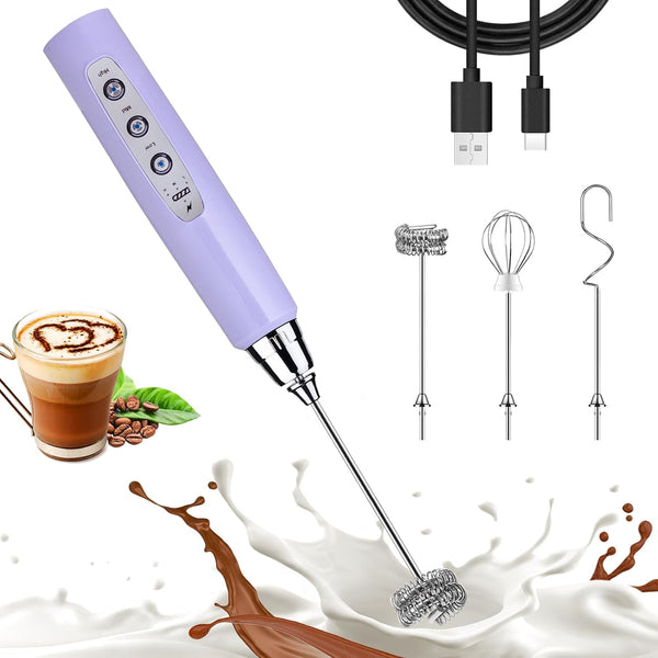 Light Purple Milk Frother Wand for Coffee, Handheld Rechargeable Electric Whisk with 3 Heads