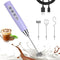 Light Purple Milk Frother Wand for Coffee, Handheld Rechargeable Electric Whisk with 3 Heads