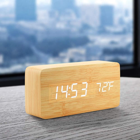 OCT17 Wooden Digital Alarm Clock - Multi-Function LED with USB Power Supply, Voice Control, Timer