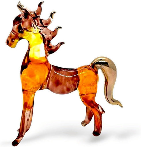 Tiny 2½" Long Brown Gold Standing Horse Figurine, Miniature Hand Blown Painted Glass