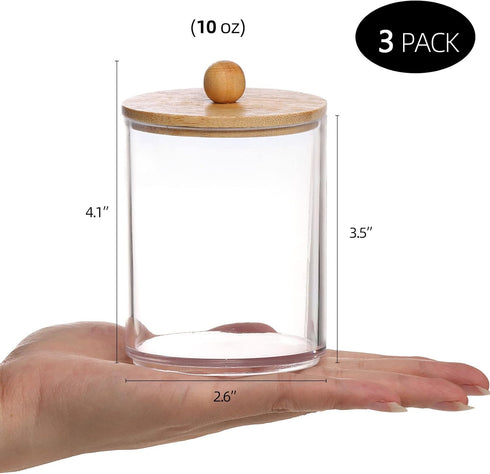 Tbestmax 10 Oz Cotton Swab Holder, Clear Apothecary Jar with Wood Lids, Bathroom Storage Dispenser 3 Pack