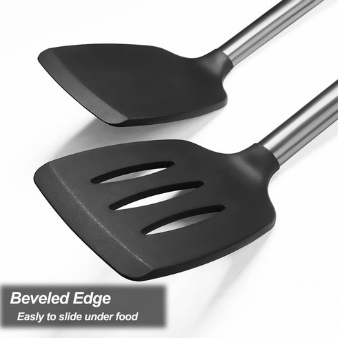 2-Pack Solid & Slotted Silicone Spatula Set, Stainless Steel Handle, Heat Resistant Rubber Turners