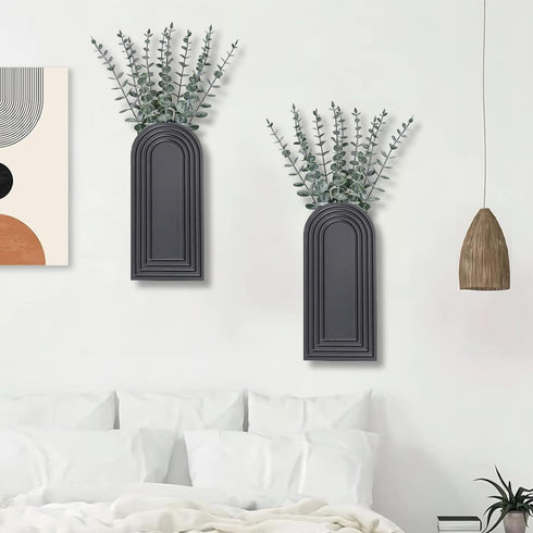 2 Pack Set Dnnnii Wooden Wall Vase - Black Finish Modern Farmhouse & Boho Wall Decor for Entryway, Hallway, Bathroom