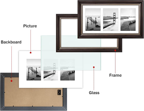 Space Art Deco 7x14 Collage Picture Frame with 3 Openings for Three 4x6 Photos or 7x14 Prints, Dark Brown/Ornate Gold