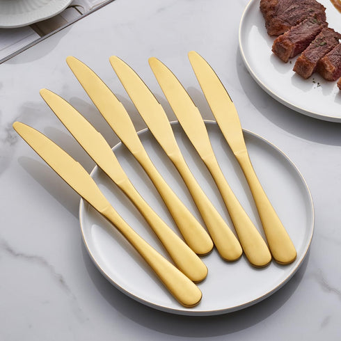 Matte Gold Dinner Knife Set, 9.4-inch Stainless Steel Satin Finish, Set of 6, Dishwasher Safe