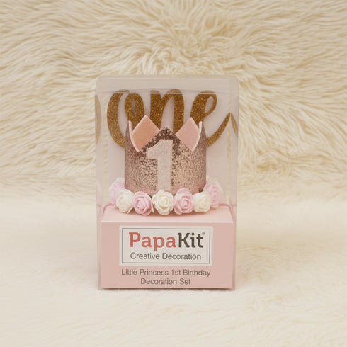 1st Set PapaKit Girls Birthday High Chair Premium Decoration - Pink & Gold Ribbon Garland, Crown, One Banner & Cake