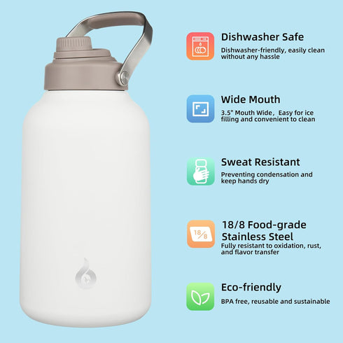 BJPKPK 1 Gallon Insulated Water Bottle, 128oz Large Jug with Metal Handle, BPA Free, Milky White