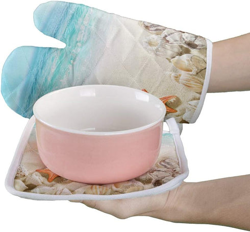 Sandy Beach Set of Oven Mitt and Pot Holder, Starfish Seashell Theme Oven Gloves for Kitchen BBQ Cooking