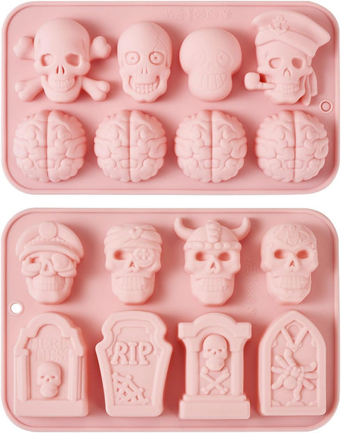 2Pcs Halloween Silicone Mold Skull Tomb Brain Fondant Molds for Gummy Jello Candy Chocolate Baking Decoration