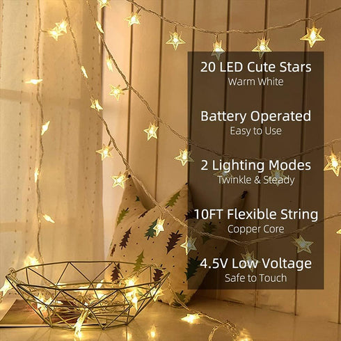 Star String Lights 10Ft, 20 LED Fairy Lights, Battery Operated Waterproof Indoor Outdoor Twinkle Christmas Lights